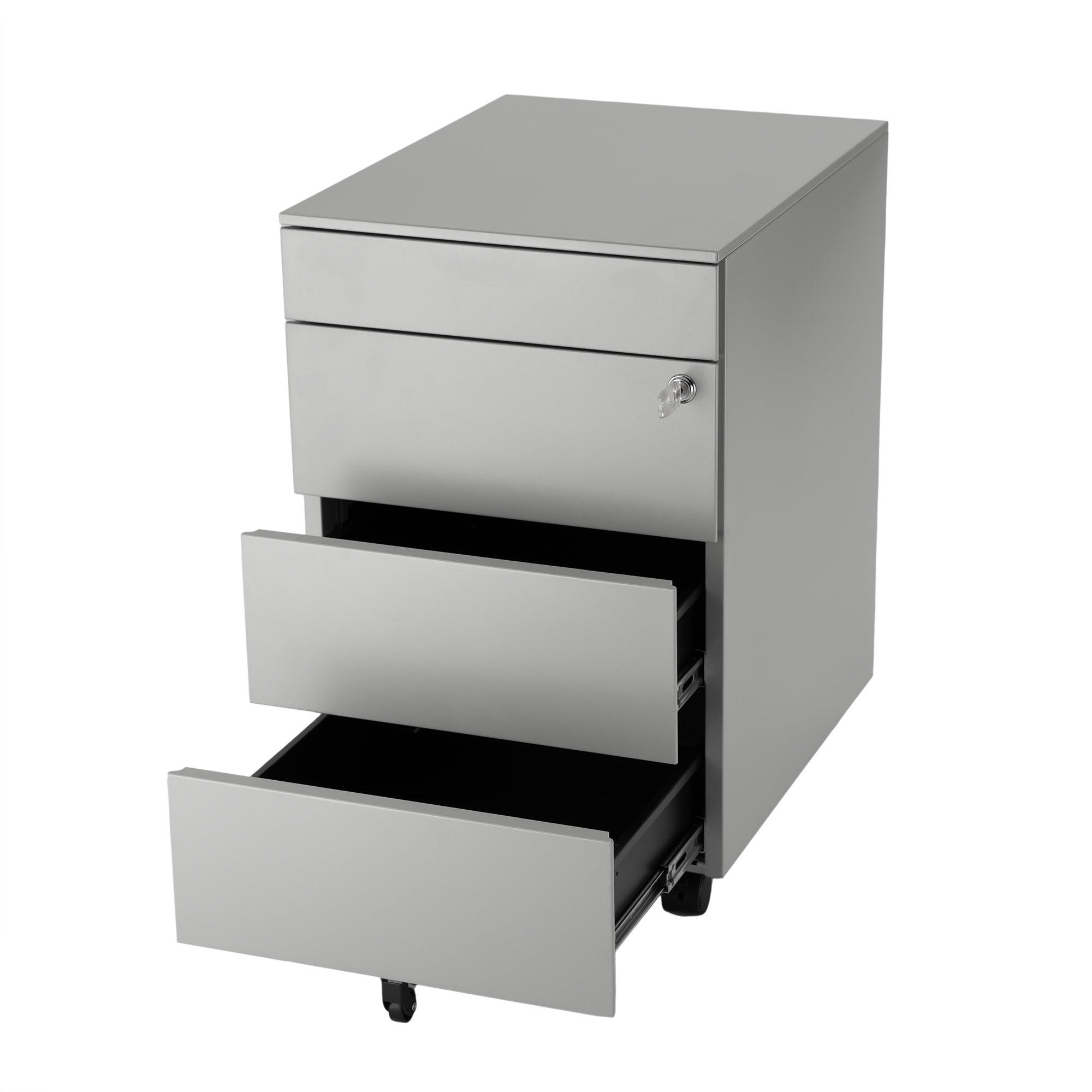 Metalowy kontener mobilny z tacą na długopisy